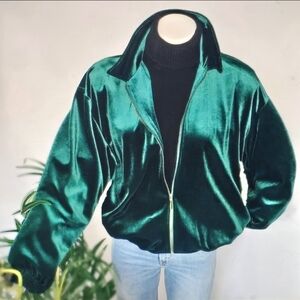 Kim Gravel Sz XL (Fits XXL) Dark Green Velvet Velour Bomber Jacket Hoodie